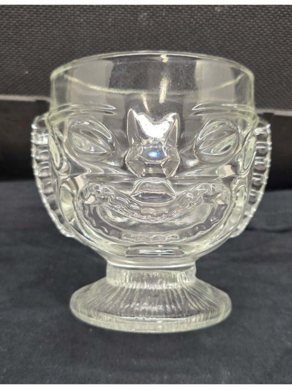 Vintage MCM Clear Glass Two-Faced Happy Sad Tiki Mug Barware Man Cave Retro Deco
